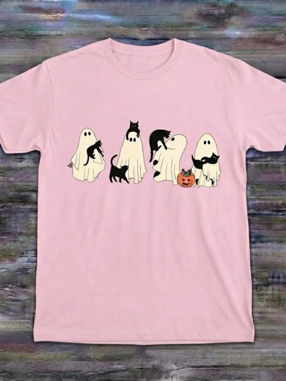 Halloween Ghosts Tee with Black Cat and Pumpkin Graphic